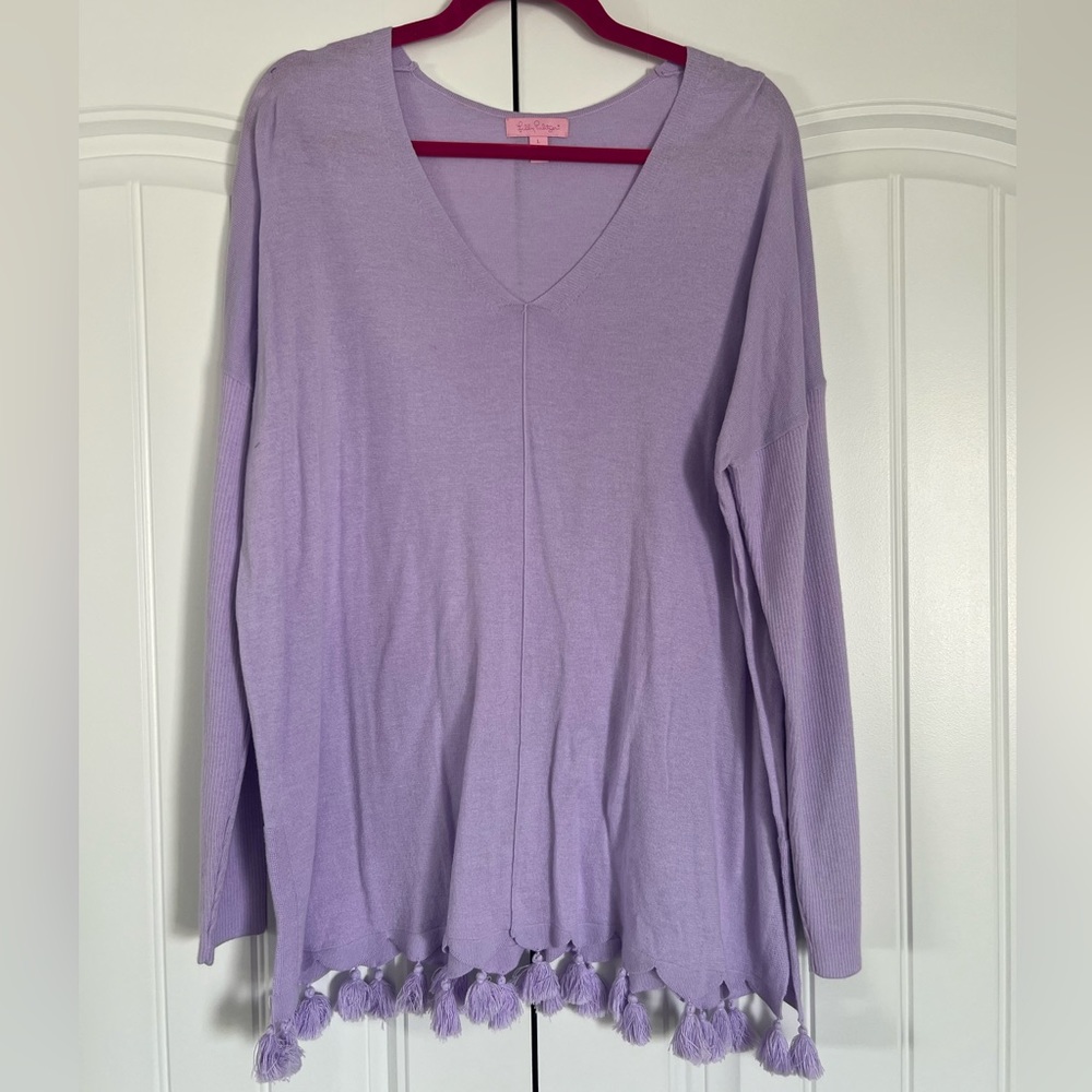 EUC Lilly Pulitzer Martine Sweater Lilac Purple, Size L, Scalloped and Tassels